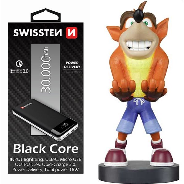 Swissten čierna Core Slim powerbanka 30000 mAh a Cable Guy Crash Bandicoot Trilogy (Crash Bandicoot) 