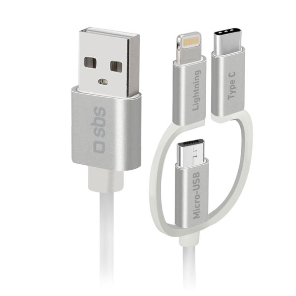 E-shop SBS Nabíjací a Data USB kábel 3 v 1 USB-C/micro-USB/Lightning MFI C-89, 1,2 m, biela TECABLEUSBIP53189W