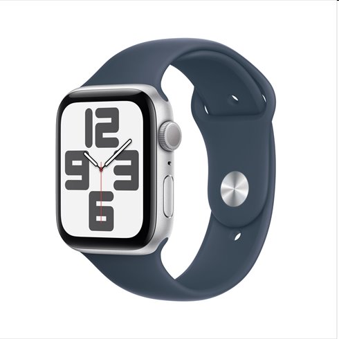 E-shop Apple Watch SE GPS 44mm strieborná , hliníkové puzdro so športovým remienkom burková modrá - M/L