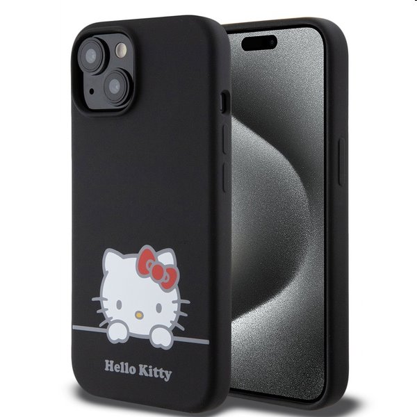 Zadný kryt Hello Kitty Liquid Silicone Daydreaming Logo pre Apple iPhone 15, čierna