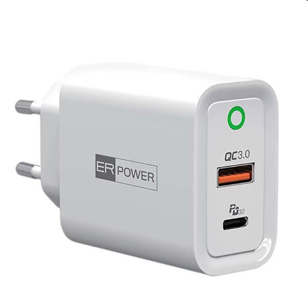 ER POWER Sieťová nabíjačka s  USB-C/USB-A EU, PD, QC, biela ERPW30PD2-WH
