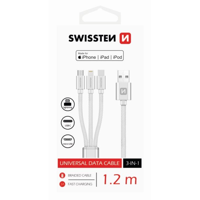 E-shop Dátový kábel Swissten textilný 3 v 1, 1,2 m, Lightning, 2 x USB-C, čierny 72501103