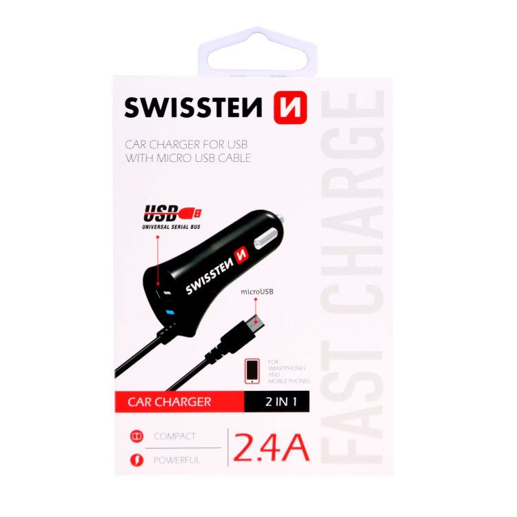 Autonabíjačka Swissten 2.4A so zabudovaným Micro-USB káblomaUSB konektorom