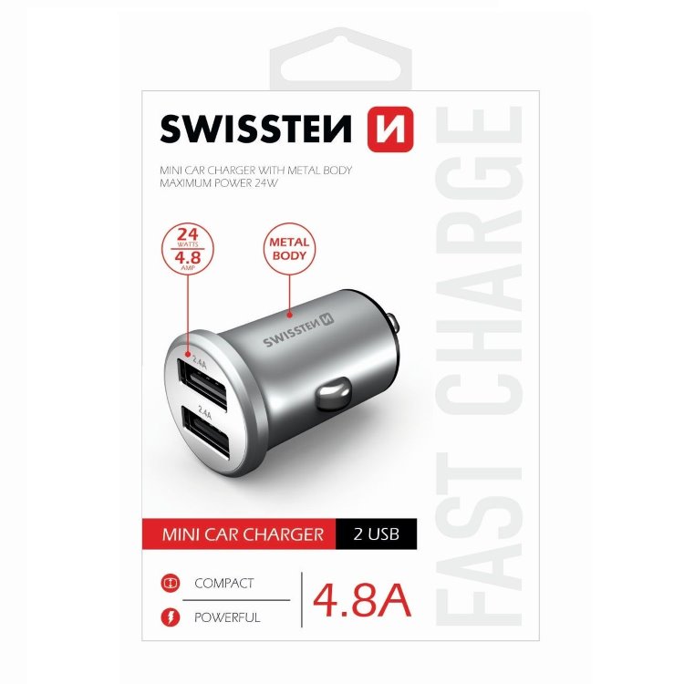 Autonabíjačka Swissten kovová 4.8A s 2 USB slotmi, strieborná 20114100