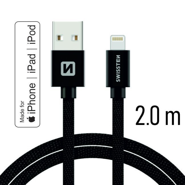 Dátový kábel Swissten textilný s certifikáciou MFI, Lightning konektorom a podporou rýchlonabíjania, Black