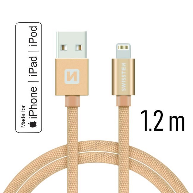 Dátový kábel Swissten textilný s certifikáciou MFI, Lightning konektorom a podporou rýchlonabíjania, zlatý