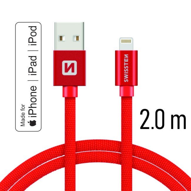 Dátový kábel Swissten textilný s certifikáciou MFI, Lightning konektorom a podporou rýchlonabíjania, červený