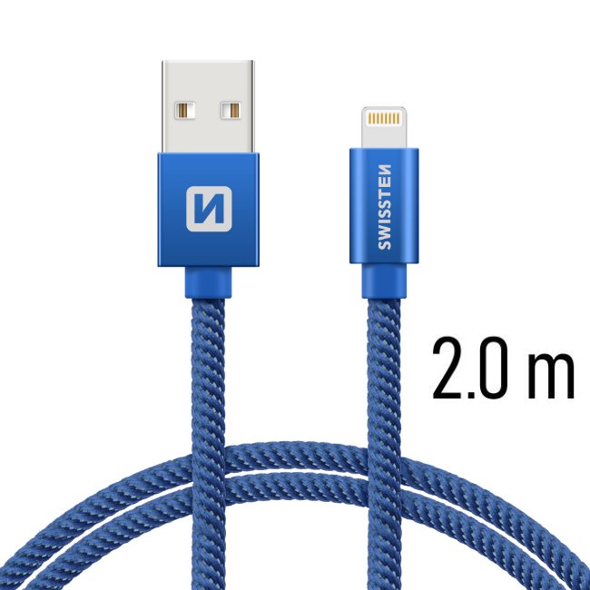 Dátový kábel Swissten textilný s Lightning konektorom a podporou rýchlonabíjania, modrý 71523308