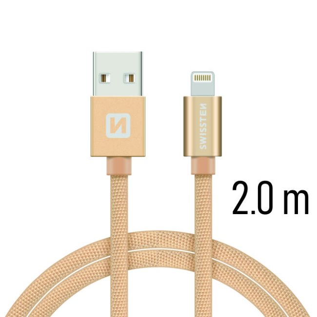 Dátový kábel Swissten textilný s Lightning konektorom a podporou rýchlonabíjania, Gold