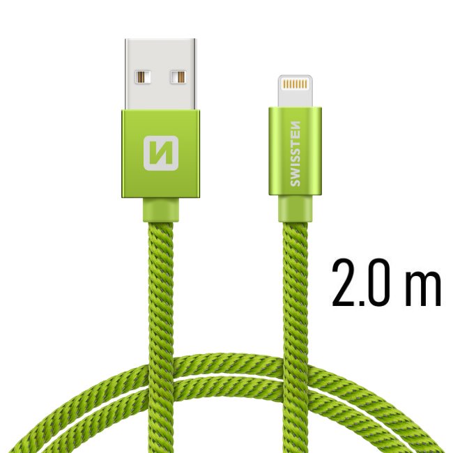 Dátový kábel Swissten textilný s Lightning konektorom a podporou rýchlonabíjania, zelený