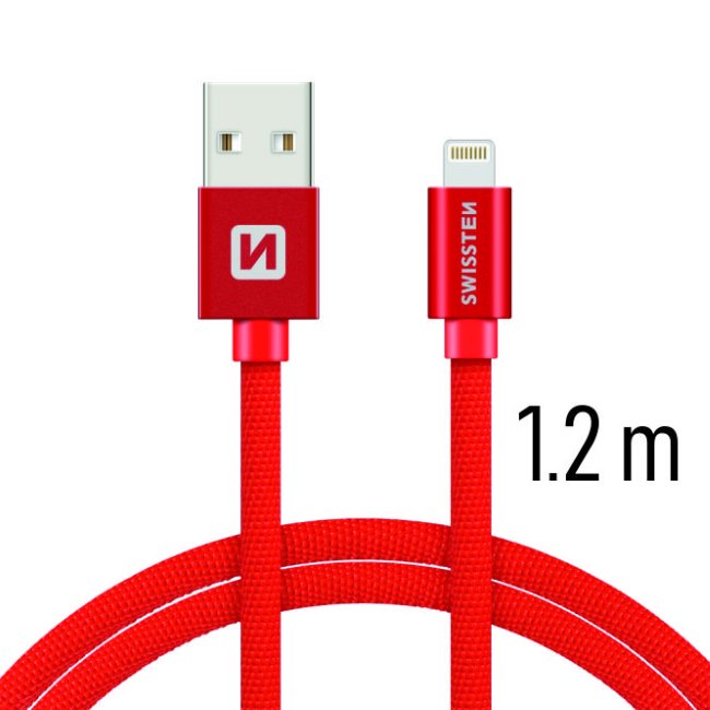 Dátový kábel Swissten textilný s Lightning konektorom a podporou rýchlonabíjania, Red