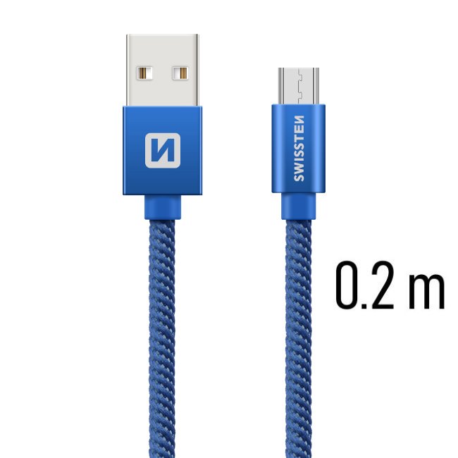 Dátový kábel Swissten textilný s Micro-USB konektorom a podporou rýchlonabíjania, modrý