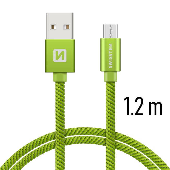 Dátový kábel Swissten textilný s Micro-USB konektorom a podporou rýchlonabíjania, zelený