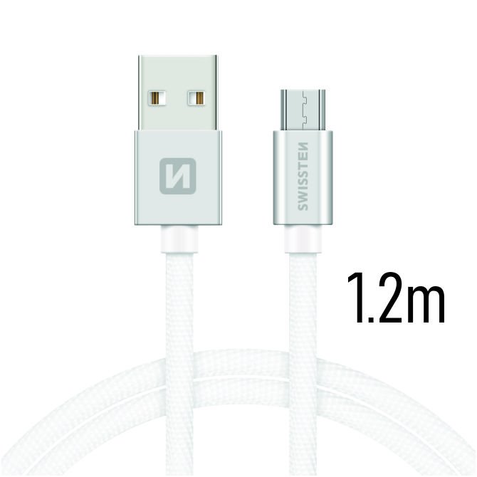 Dátový kábel Swissten textilný s Micro-USB konektorom a podporou rýchlonabíjania, Silver 71522203