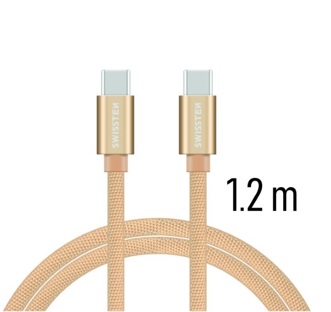 Dátový kábel Swissten textilný s USB-C konektormi a podporou rýchlonabíjania, zlatý