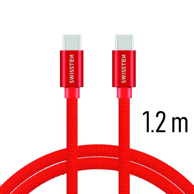 Dátový kábel Swissten textilný s USB-C konektormi a podporou rýchlonabíjania, červený