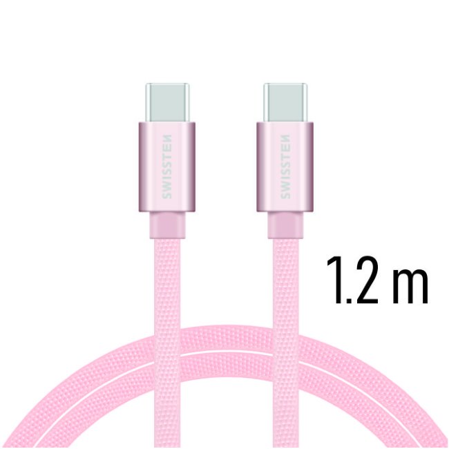 Dátový kábel Swissten textilný s USB-C konektormi a podporou rýchlonabíjania, ružovozlatý