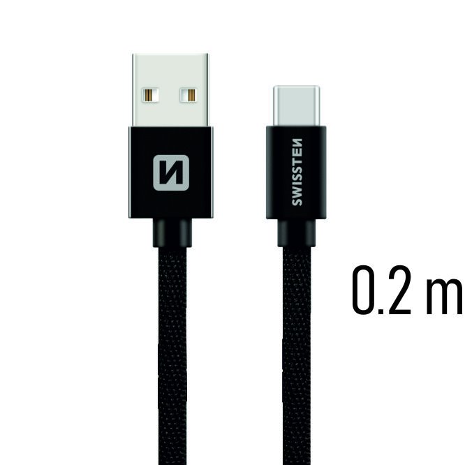 Dátový kábel Swissten textilný s USB-C konektorom a podporou rýchlonabíjania, Black
