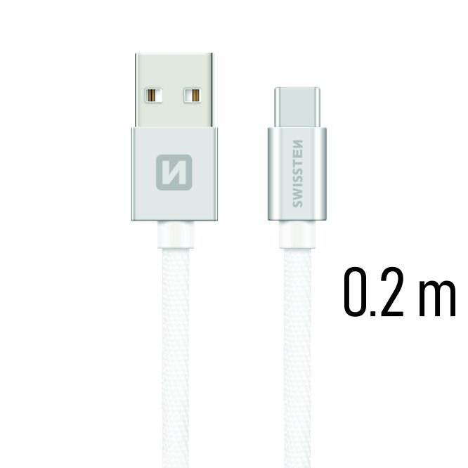 Dátový kábel Swissten textilný s USB-C konektorom a podporou rýchlonabíjania, strieborný 71521103