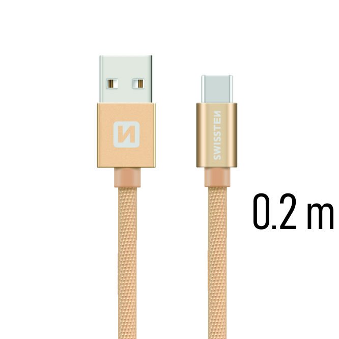 Dátový kábel Swissten textilný s USB-C konektorom a podporou rýchlonabíjania, zlatý 71521104