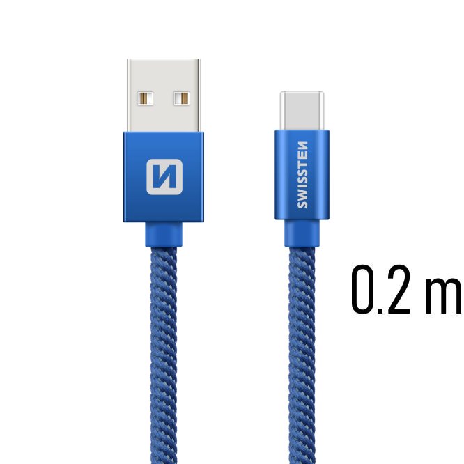 Dátový kábel Swissten textilný s USB-C konektorom a podporou rýchlonabíjania, modrý