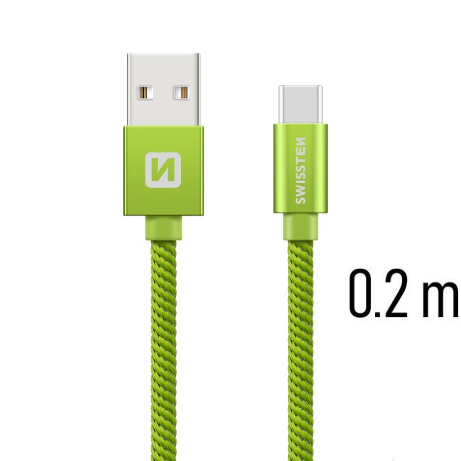Dátový kábel Swissten textilný s USB-C konektorom a podporou rýchlonabíjania, zelený