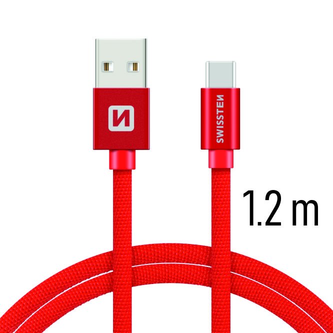 Dátový kábel Swissten textilný s USB-C konektorom a podporou rýchlonabíjania, Red