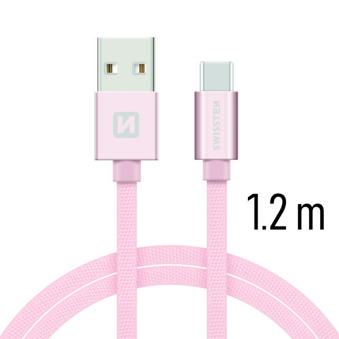 Dátový kábel Swissten textilný s USB-C konektorom a podporou rýchlonabíjania, Rose Gold