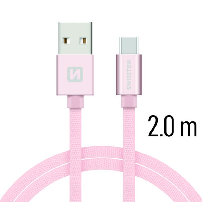 Dátový kábel Swissten textilný s USB-C konektorom a podporou rýchlonabíjania, ružovozlatý