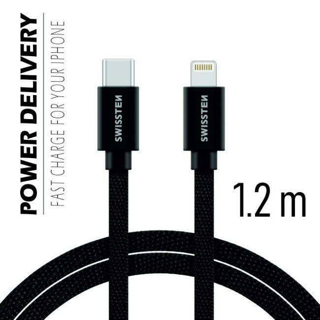 Dátový kábel Swissten textilný s USB-C + Lightning konektormi a podporou rýchlonabíjania, Black