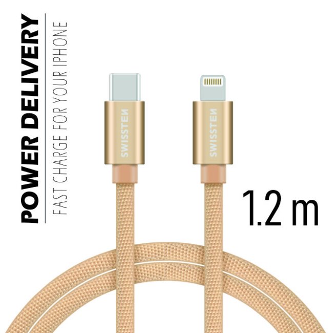 E-shop Dátový kábel Swissten textilný s USB-C, Lightning konektormi a podporou rýchlonabíjania, zlatý 71525204