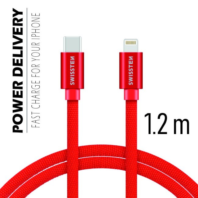 Dátový kábel Swissten textilný s USB-C, Lightning konektormi a podporou rýchlonabíjania, červený