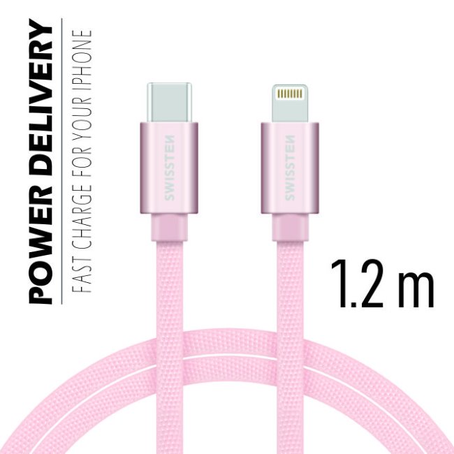 E-shop Dátový kábel Swissten textilný s USB-C, Lightning konektormi a podporou rýchlonabíjania, ružovozlatý 71525205