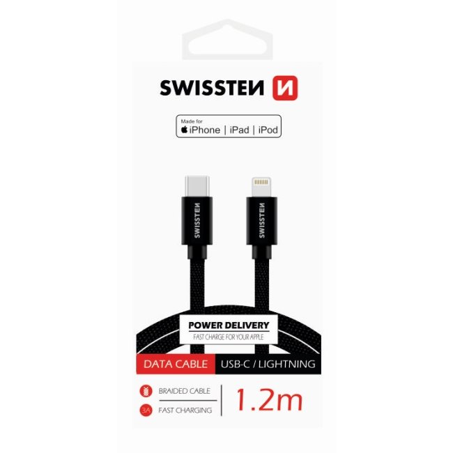 Dátový kábel Swissten textilný USB-C / Lightning MFi 1,2 M a s podporou rýchlonabíjania, čierny 71526201