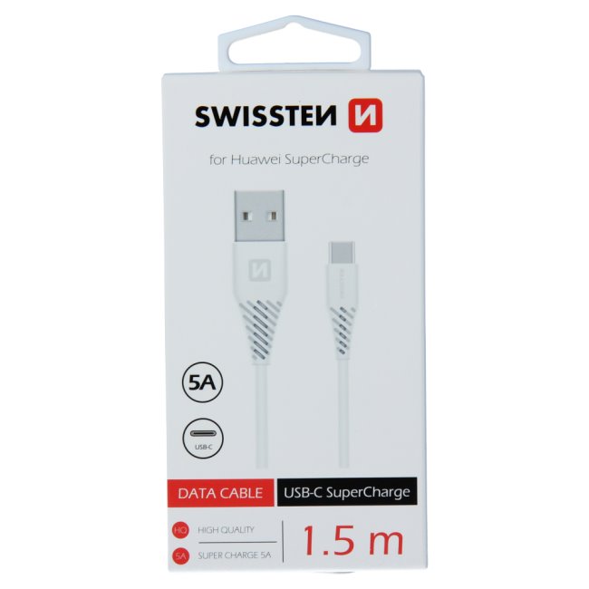 Dátový kábel Swissten USB / USB-C 1,5 M a s podporou super rýchlonabíjania 5A, biely