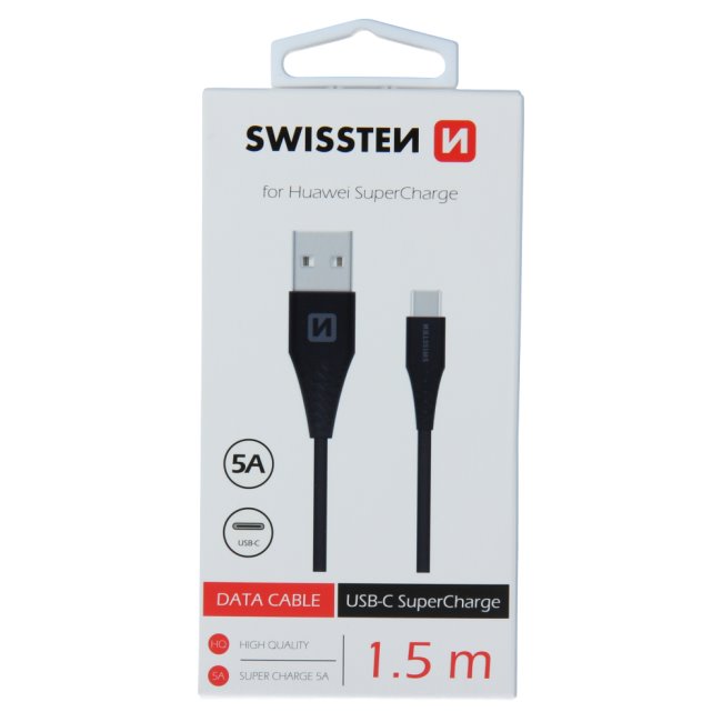 E-shop Dátový kábel Swissten USB / USB-C 1,5 M a s podporou super rýchlonabíjania 5A, čierny 71504430
