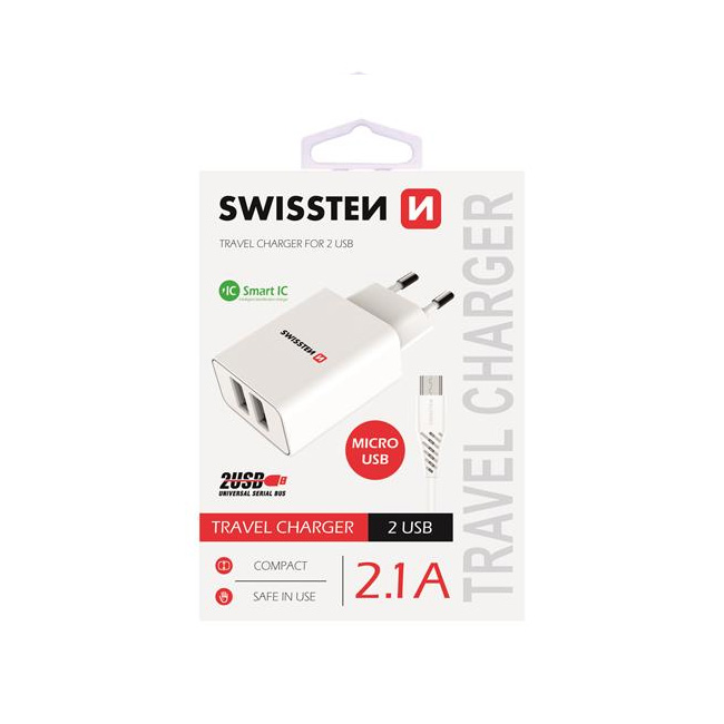 Nabíjačka Swissten Smart IC 2.1A s 2 USB konektormi a dátovým káblom USB/Micro USB, 1,2m, biela