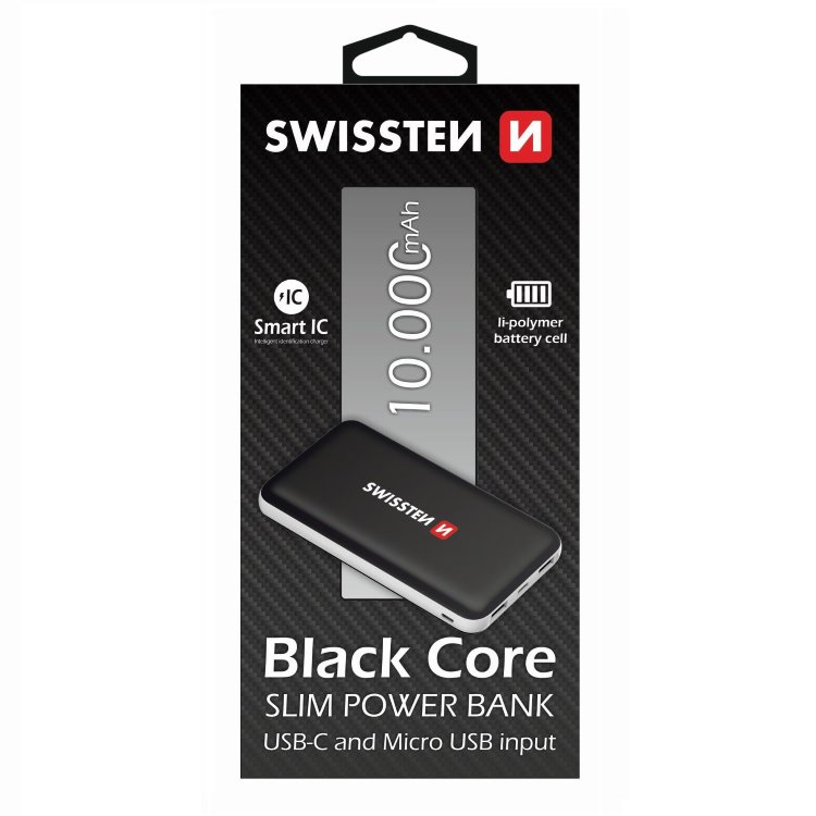 Powerbank Swissten Slim Black Core 10000 mAh s USB-C vstupom a inteligentným nabíjaním, čierny
