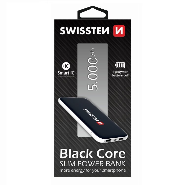 Powerbank Swissten Slim Black Core 5000 mAh s inteligentným nabíjaním, čierny