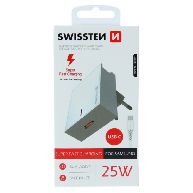 E-shop Rýchlonabíjačka Swissten Samsung Super Fast Charging 25 W + kábel USB-C/USB-C 1,2 m, biela 22050200