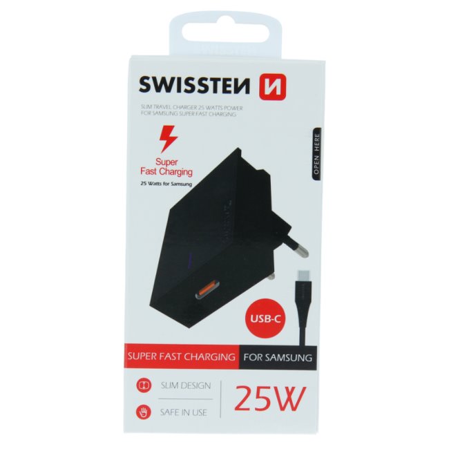 Rýchlonabíjačka Swissten Samsung Super Fast Charging 25 W + kábel USB-C/USB-C 1,2 m, čierna 22050100