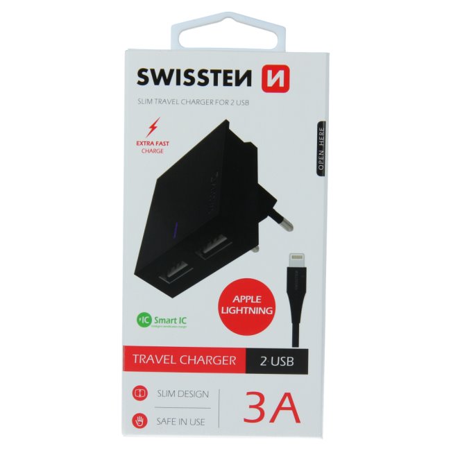 Rýchlonabíjačka Swissten Smart IC 3.A s 2 USB konektormi + dátový kábel USB / Lightning 1,2 m, čierna