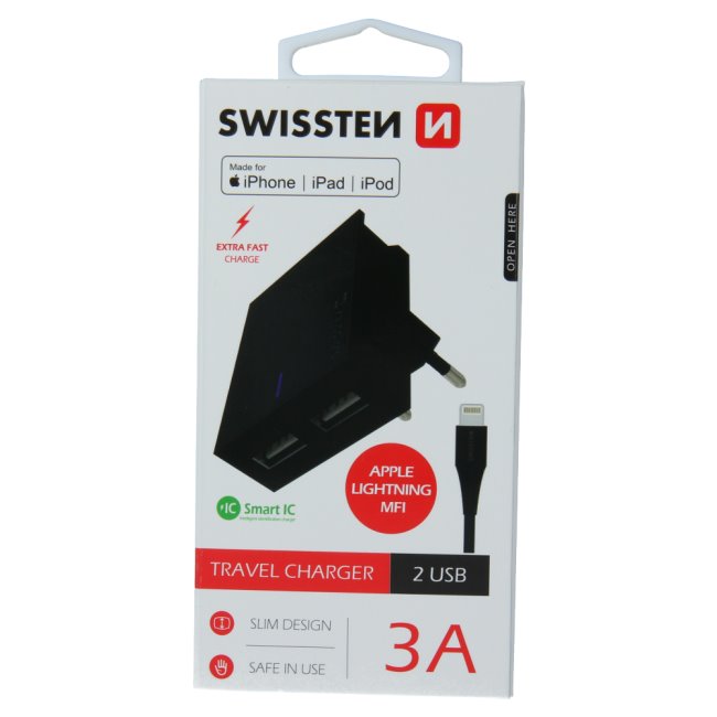 E-shop Rýchlonabíjačka Swissten Smart IC 3.A s 2 USB konektormi + dátový kábel USB / Lightning MFi 1,2 m, čierna 22046000