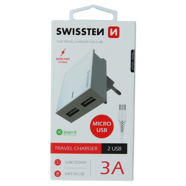 Rýchlonabíjačka Swissten Smart IC 3.A s 2 USB konektormi + dátový kábel USB / Micro USB 1,2 m, biela 22041000