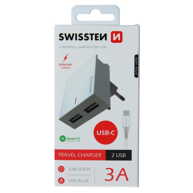 Rýchlonabíjačka Swissten Smart IC 3.A s 2 USB konektormi + dátový kábel USB / USB-C 1,2 m, biela