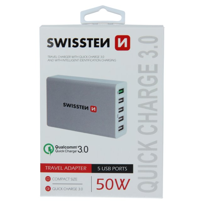 Rýchlonabíjačka Swissten Smart IC 50W s podporou QuickCharge 3.0 a 5 USB konektormi, biela 22013306