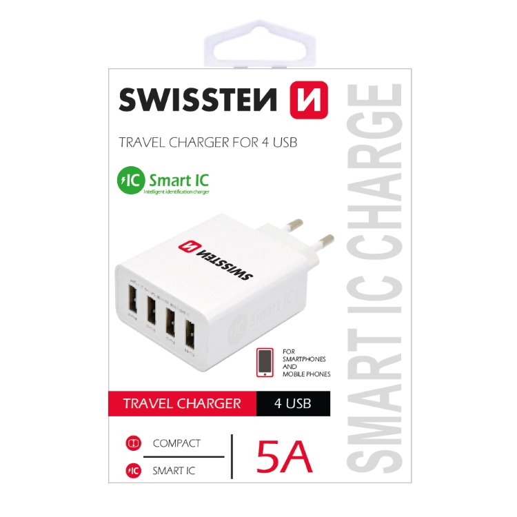 Rýchlonabíjačka Swissten Smart IC 5A so 4 USB konektormi, biela