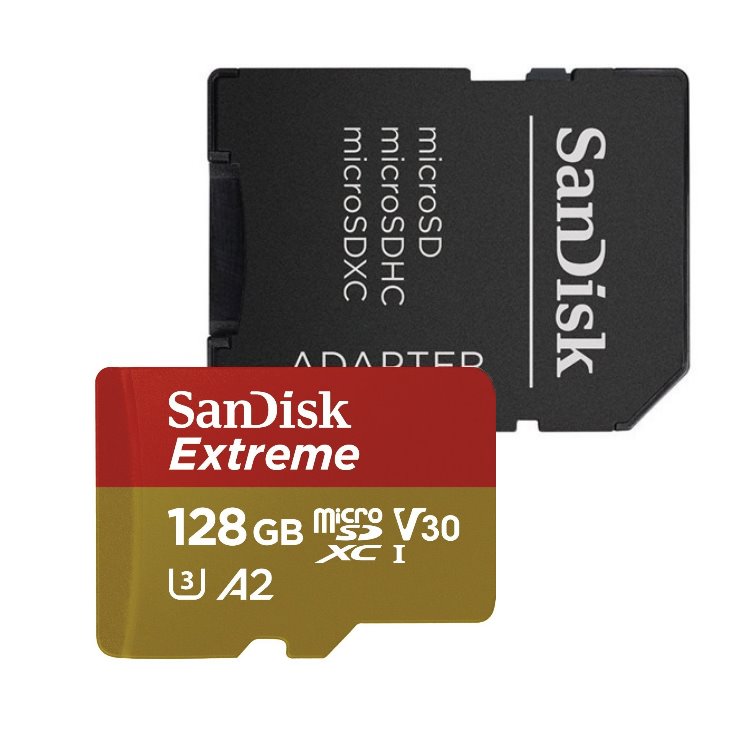SanDisk Micro SDXC Extreme 128GB + SD adaptér, UHS-I U3 A2, Class 10 - rýchlosť 160/90 MB/s (SDSQXA1-128G-GN6AA)