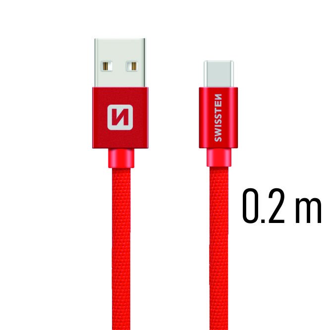 Dátový kábel Swissten textilný s USB-C konektorom a podporou rýchlonabíjania, červený