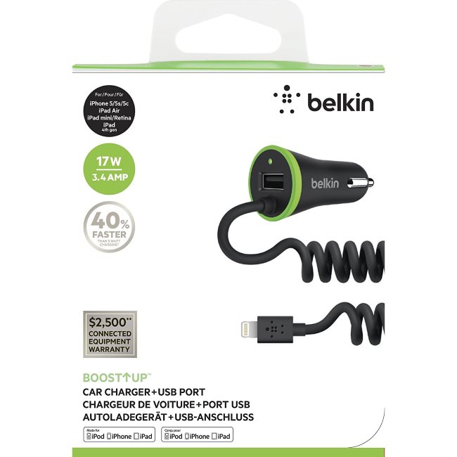 Autonabíjačka Belkin BoostUp 3.4A + krútený kábel s lightning konektorom